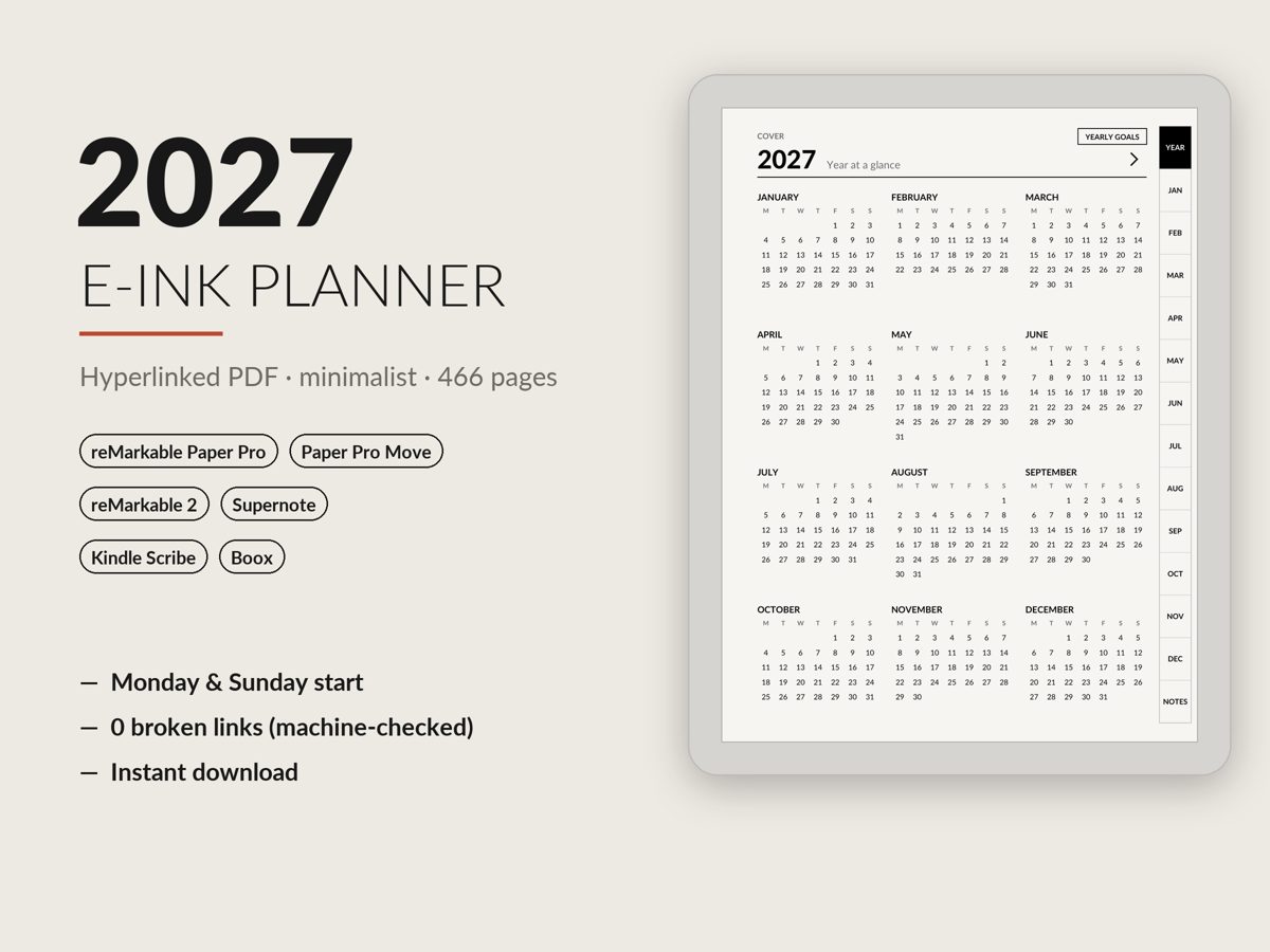 2027 e-ink planner year view on a tablet