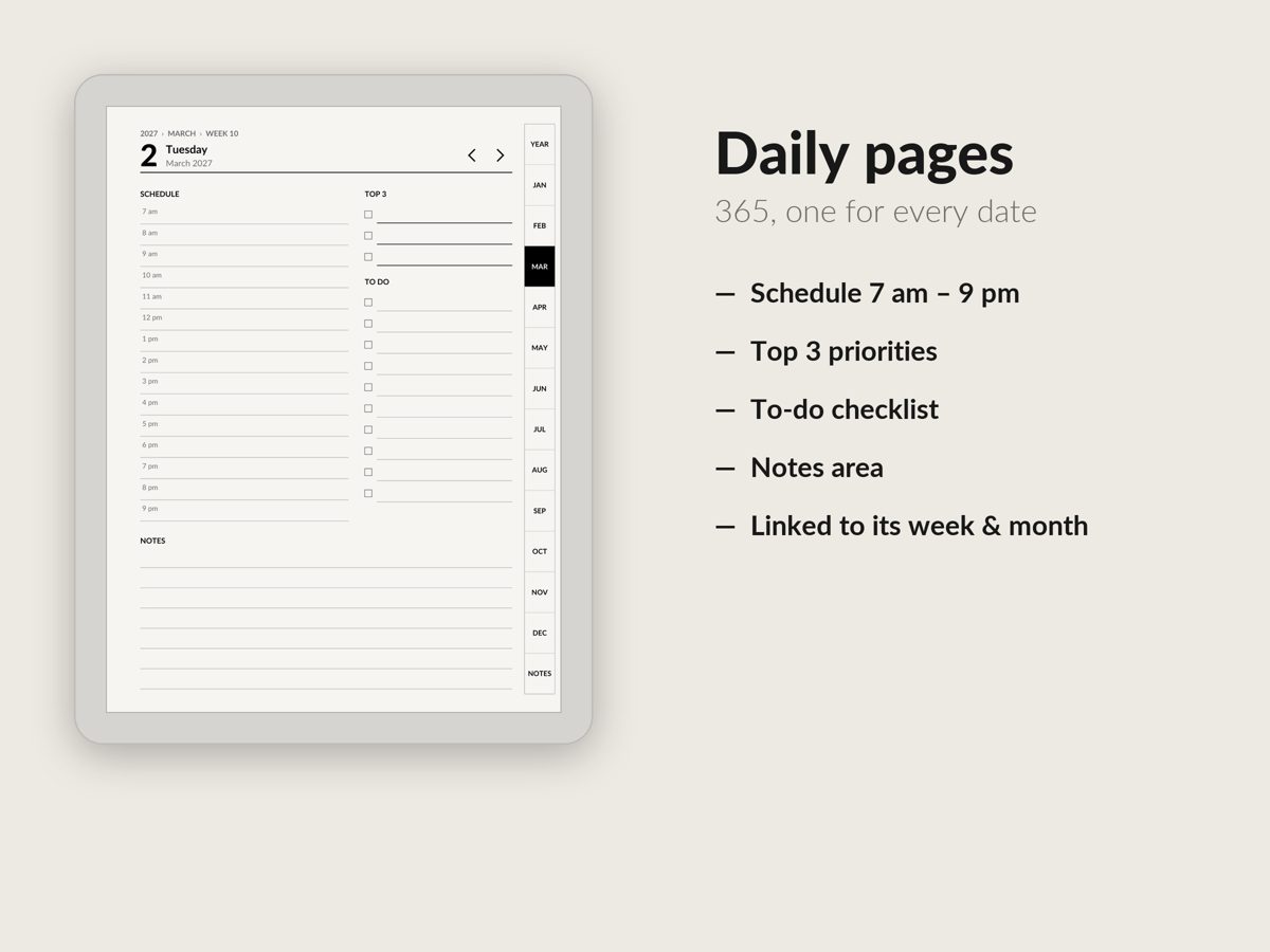 Daily page with schedule, top 3 and to-do